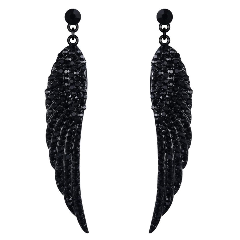 Carbon Black with Black Onyx Austrian Crystal Angel Wing Dangling Post Earrings